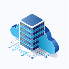 Isometric Cloud Computing Server Stack with Data Transfer Arrows