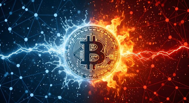 A bitcoin coin is split in half, one side with blue lightning and the other with red fire, representing the volatile nature of cryptocurrency