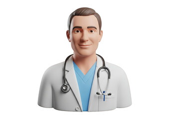 Fototapeta premium A Professional 3D Portrait of a Smiling Male Doctor in a White Coat with a Stethoscope, Ideal for Healthcare and Medical Service Illustrations and Representations