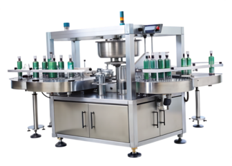 Automatic bottle labeling machine with a rotary carousel for a pharmaceutical production line on white Background ,PNG. AI.Generated.
