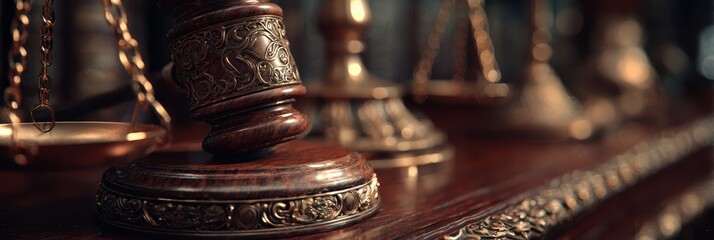 Intricate details of wooden gavel and scales in a courtroom setting during the day