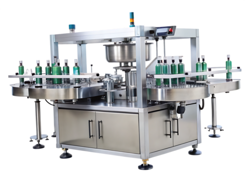 Automatic bottle labeling machine with a rotary carousel for a pharmaceutical production line on white Background ,PNG. AI.Generated.