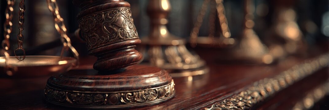 Intricate details of wooden gavel and scales in a courtroom setting during the day - Powered by Adobe
