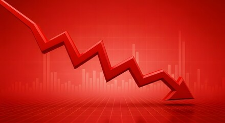 A red arrow pointing downwards against a blurred graph background, symbolizing financial loss, market decline, and economic downturn in a business context