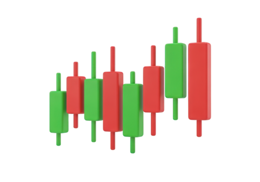 Dynamic Candlestick Chart Visualization A 3D Rendering of Stock Market Trading Data with Green and Red Bars Representing Price Fluctuations on a Clear Backdrop