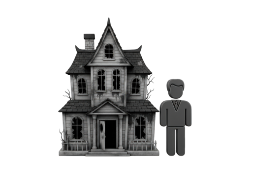 Eerie Haunted House Depiction A Stylized 3D Model of a Creepy Mansion with Broken Windows and a Silhouette of a Man Standing Nearby on a Transparent Background