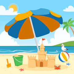 Beach Scene with Sandcastle Umbrella Ball and Seagull on a Sunny Day Cartoon Illustration