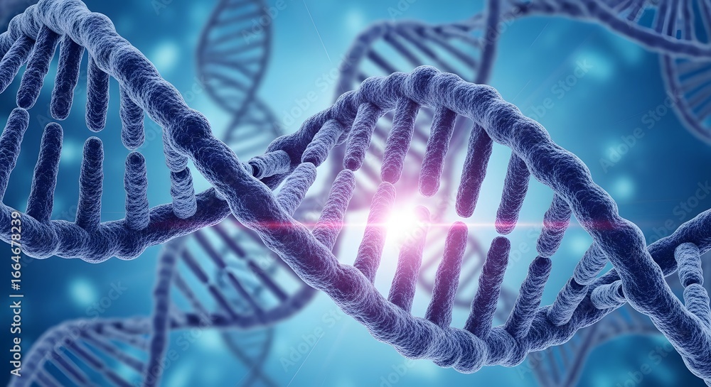 Poster a detailed 3d rendering of a dna molecule, showcasing its complex double helix structure and genetic