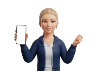 Captivating 3D Render of a Cheerful Woman Displaying a Smartphone with a Blank Screen Against a Transparent Backdrop, Perfect for App Mockups and UI Presentations