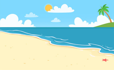 Obraz premium Tropical beach with palm tree ocean sand clouds and sun illustration