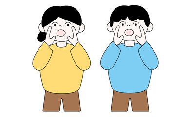 青色と黄色のシャツの呼ぶ人（男女）のイラスト