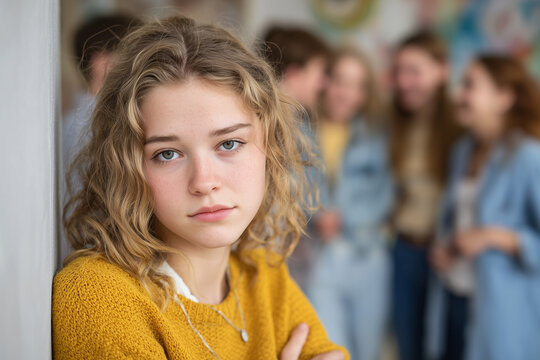 Sad teenage girl standing apart from blurred group of peers. Cinematic shallow depth portrait. Concept of bullying, social isolation and teen mental health. Ideal for awareness and education campaigns