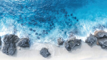 A school of stingrays gliding over ocean sandbanks, symmetrical movement, tranquil color palette, drone shot over clear sea 