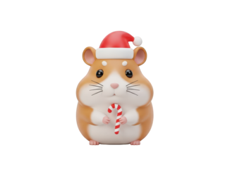 Adorable 3D Hamster Wearing a Santa Hat and Holding a Candy Cane on a Transparent Background, Perfect for Holiday-Themed Design Projects and Visuals