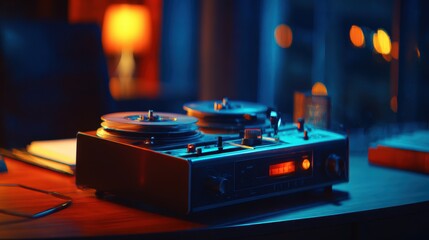 Vintage reel-to-reel tape recorder on a wooden desk, glowing in warm evening light with blurred city background