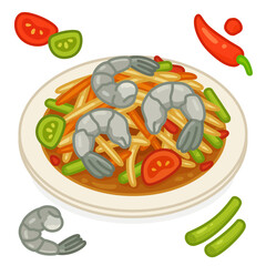 Spicy papaya salad with fermented fish sauce and field crab on top with fresh shrimp in Thai style kawaii doodle flat 2D cartoon vector illustration