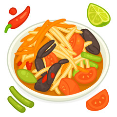 Spicy papaya salad with fermented fish sauce and field crab, bold flavor and authentic Thai style kawaii doodle flat 2D cartoon vector illustration
