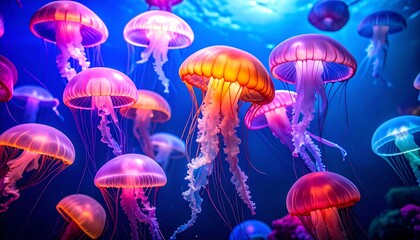 A vibrant underwater scene showcases a cluster of luminous jellyfish, exhibiting a mesmerizing array of colors in the deep blue water.