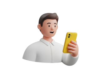 A Charming 3D Illustration of a Man Holding a Yellow Smartphone, Wearing a White Shirt, Set Against a Transparent Backdrop, Perfect for Technology and Communication Projects
