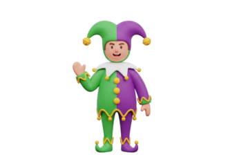 Colorful Jester Character in Green and Purple Costume on Transparent Background, Symbolizing Entertainment, Humor, and Theatrical Performance