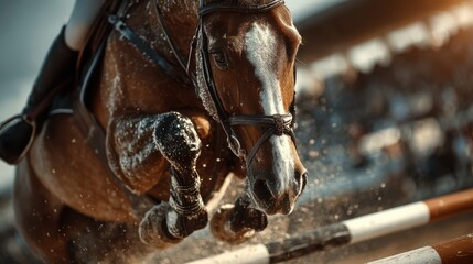 Horse jumping over a hurdle during an equestrian competition in an outdoor arena on a sunny day
