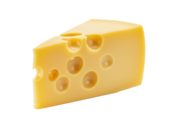 Pristine, vibrant yellow Emmental cheese wedge with perfect holes, isolated on a transparent background, soft studio light, off-center copy space, culinary excellence concept