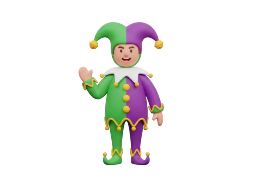 Colorful Jester Character in Green and Purple Costume on Transparent Background, Symbolizing Entertainment, Humor, and Theatrical Performance