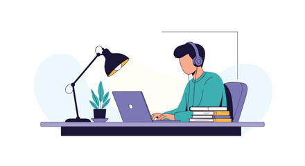 Focused individual engrossed in online learning with headphones and laptop at a well-lit desk