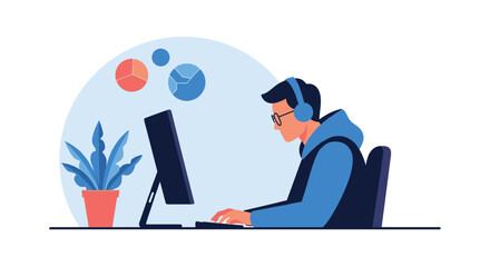 Young person wearing headphones and glasses working on a computer with a plant on the desk