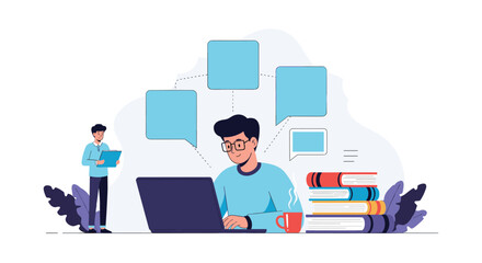 Online learning experience a person studies on a laptop next to a stack of books and a coffee cup with speech bubbles overhead