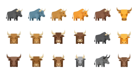 Collection of Colorful Bull Icons in Different Styles and Colors