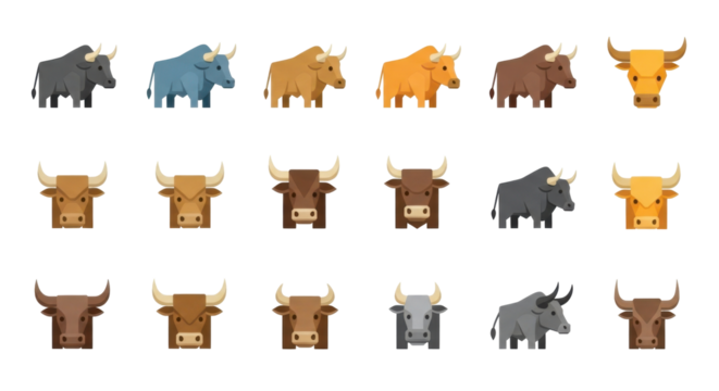 Collection of Colorful Bull Icons in Different Styles and Colors
