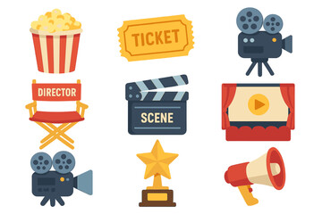 Film production colorful icons showcasing cinema and movie-making. Vector set with director chair, clapperboard, camera, popcorn, ticket, screen, megaphone, and award trophy.