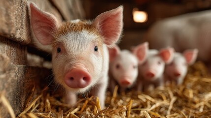 Piglets explore a rustic barn filled with straw during a sunny afternoon