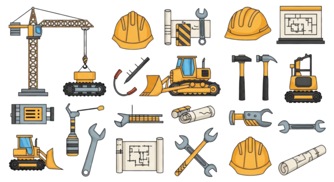 Construction Equipment and Tools Set with Cranes Excavators Hard Hats and Blueprints