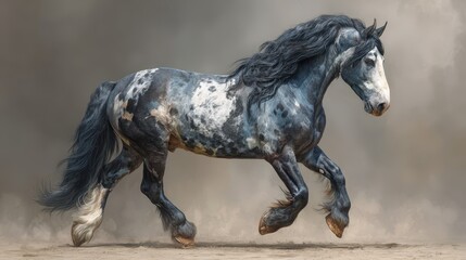 Majestic horse galloping across a dusty landscape with a dramatic background at sunset