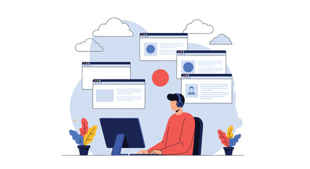 Customer support agent working on computer with multiple browser windows and cloud icons representing digital connectivity and online services