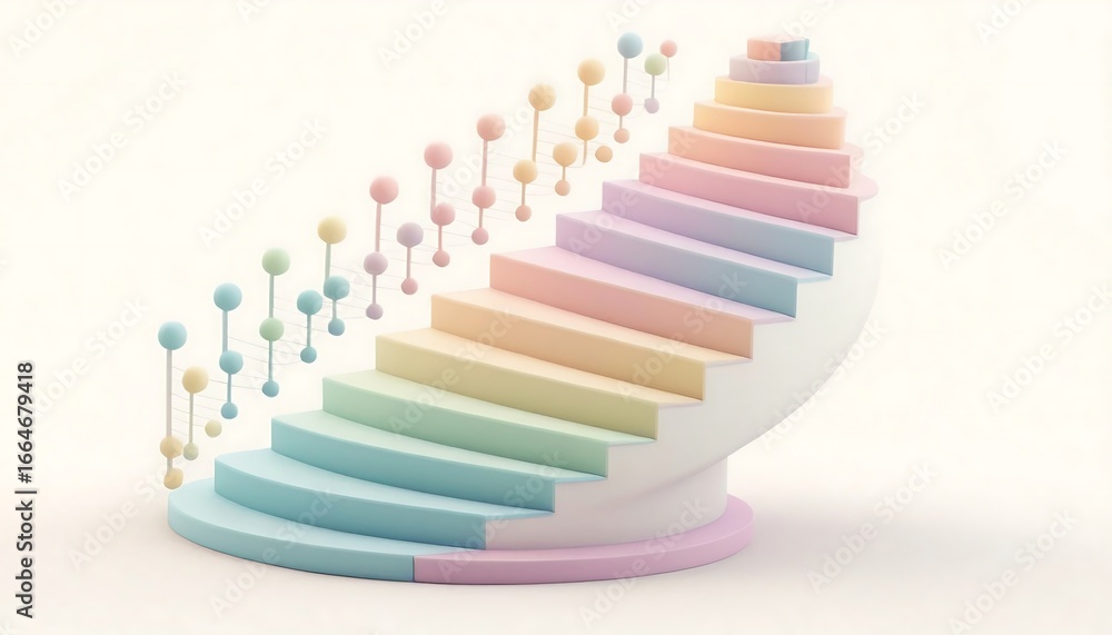Poster abstract 3d render of a soft pastel colored stair shape with smooth gradients