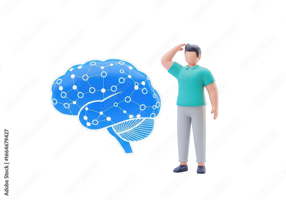 Aufkleber man thinking next to a brain with network connections on transparent background, representing artifi