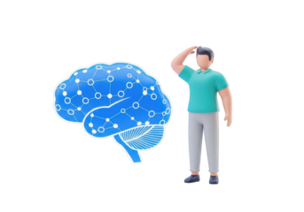 Man Thinking Next to a Brain with Network Connections on Transparent Background, Representing Artificial Intelligence, Neural Networks, and Cognitive Processes