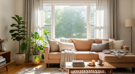 Photo of a cozy living room features a tan sectional sofa adorned with plush pillows and draped blankets, bathed in natural sunlight streaming through a large window