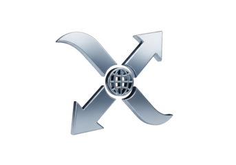 A 3D Render of a Silver Globe with Arrows Pointing in Four Directions on a Transparent Background, Ideal for Global Business, International Trade, and Worldwide Connectivity