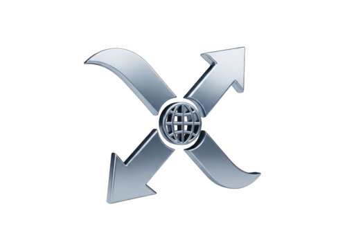 A 3D Render of a Silver Globe with Arrows Pointing in Four Directions on a Transparent Background, Ideal for Global Business, International Trade, and Worldwide Connectivity