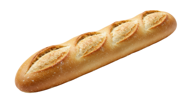 A pristine, golden-brown French baguette with a crispy, textured crust and flour dusting, isolated on a transparent studio background with negative space for text. Concept of culinary excellence