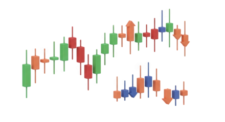 Dynamic 3D Candlestick Chart Illustration Displaying Market Fluctuations, Ideal for Financial Analysis and Investment Visualizations on a Transparent Background for Seamless Integration