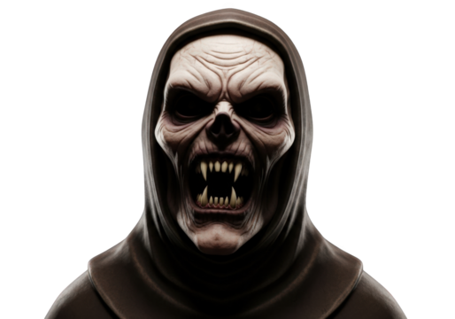 A Terrifyingly Detailed 3D Rendering of a Grim Reaper's Face with Sharp Teeth and Hollow Eyes, Set Against a Transparent Background for Horror-Themed Visuals