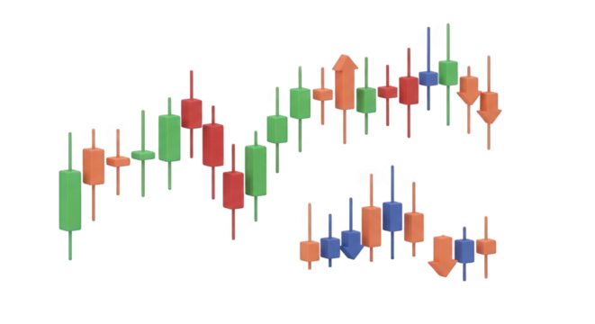 Dynamic 3D Candlestick Chart Illustration Displaying Market Fluctuations, Ideal for Financial Analysis and Investment Visualizations on a Transparent Background for Seamless Integration