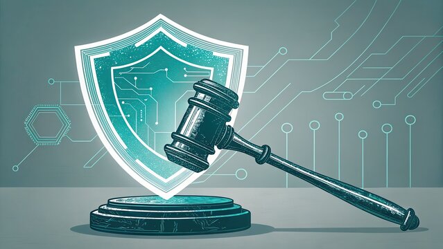 legal data confidentiality software Digital gavel and shield symbolizing cybersecurity and law enforcement.