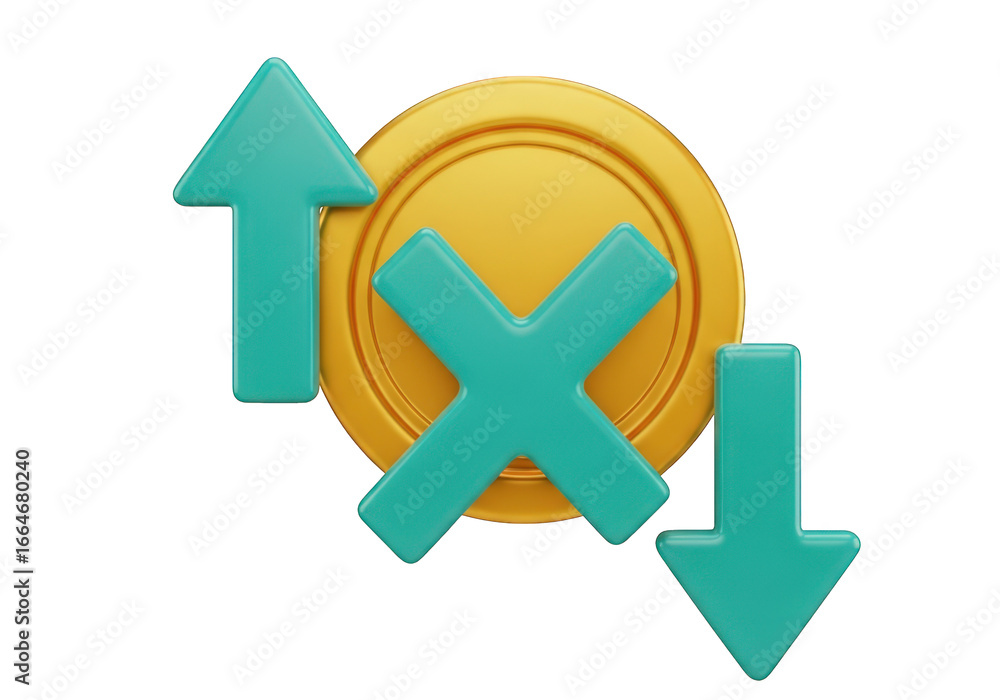 Poster dynamic 3d render of a gold coin with teal arrows indicating fluctuations, isolated on a transparent