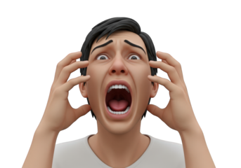 A Dramatic 3D Rendering of a Man in Distress, Clutching His Head in Panic with an Open Mouth, Set Against a Transparent Backdrop, Suitable for Stress-Related Content